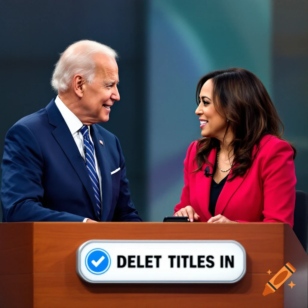 Joe Biden and Kamala Harris smiling at each other behind a desk.