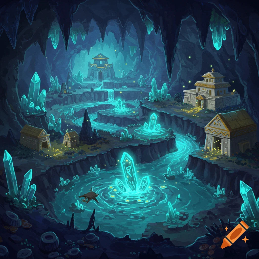 A glowing underground cavern with a river, large crystals, and small buildings built into the rock.
