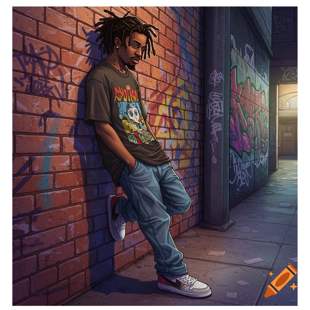 A Black man with dreadlocks leans against a graffiti wall in an urban setting.