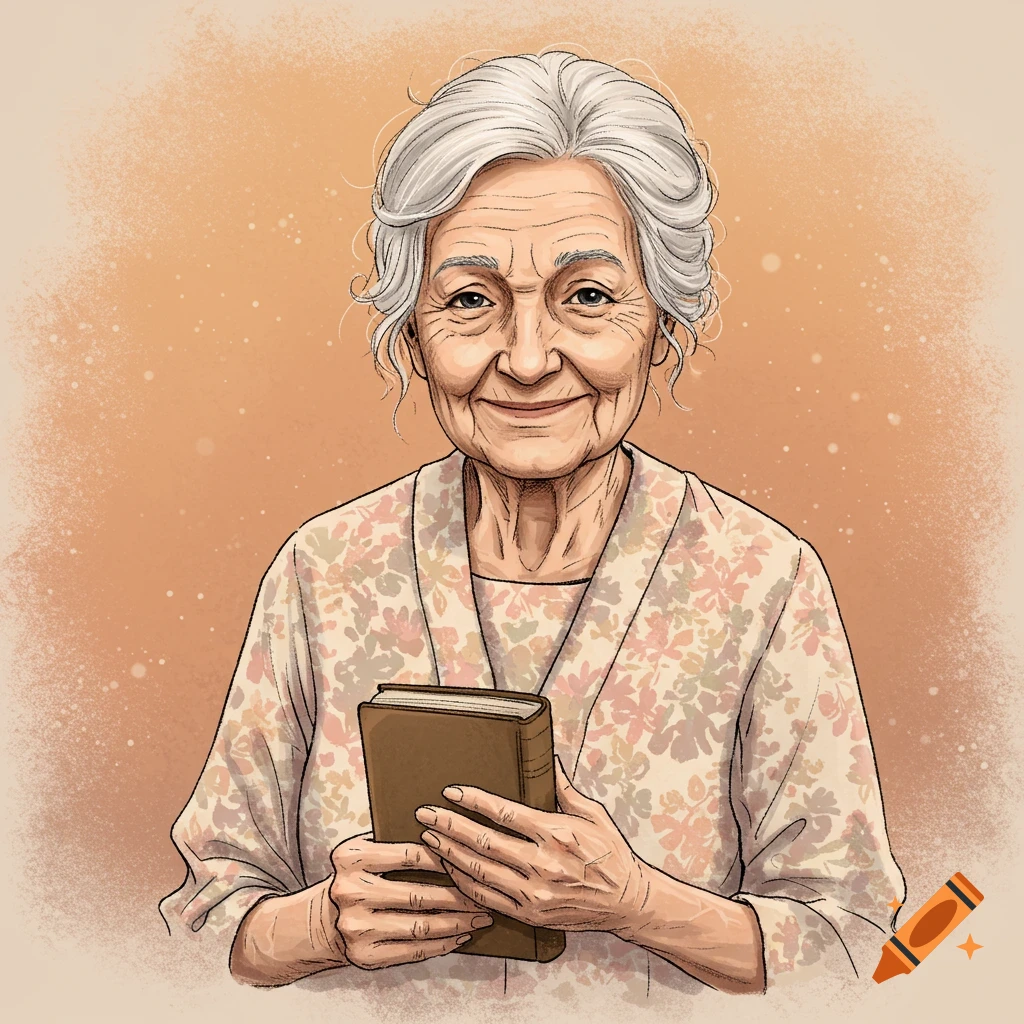 An illustration of an older woman holding a book.