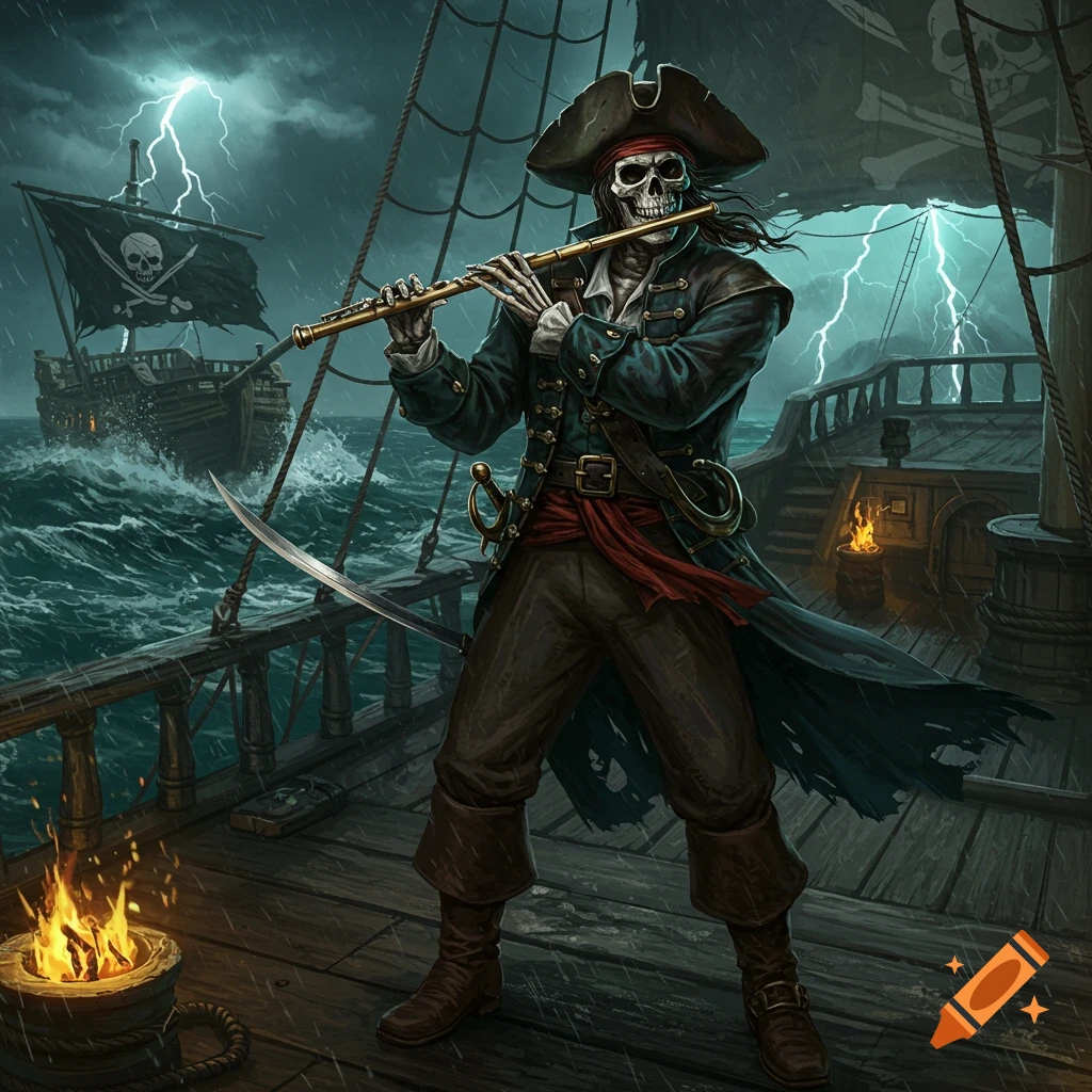 A skeleton pirate playing a flute on a ship during a lightning storm.