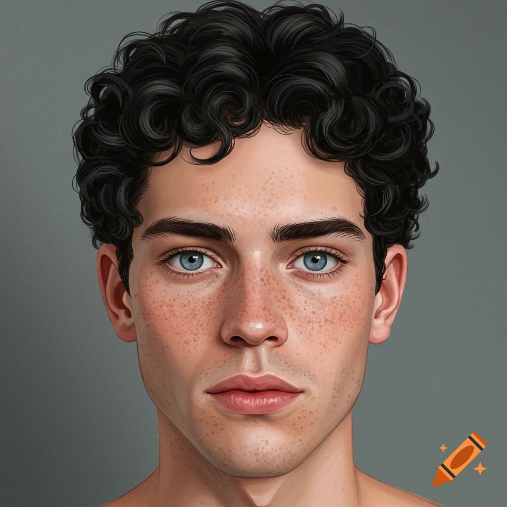 A young man with curly black hair, blue eyes, and freckles.