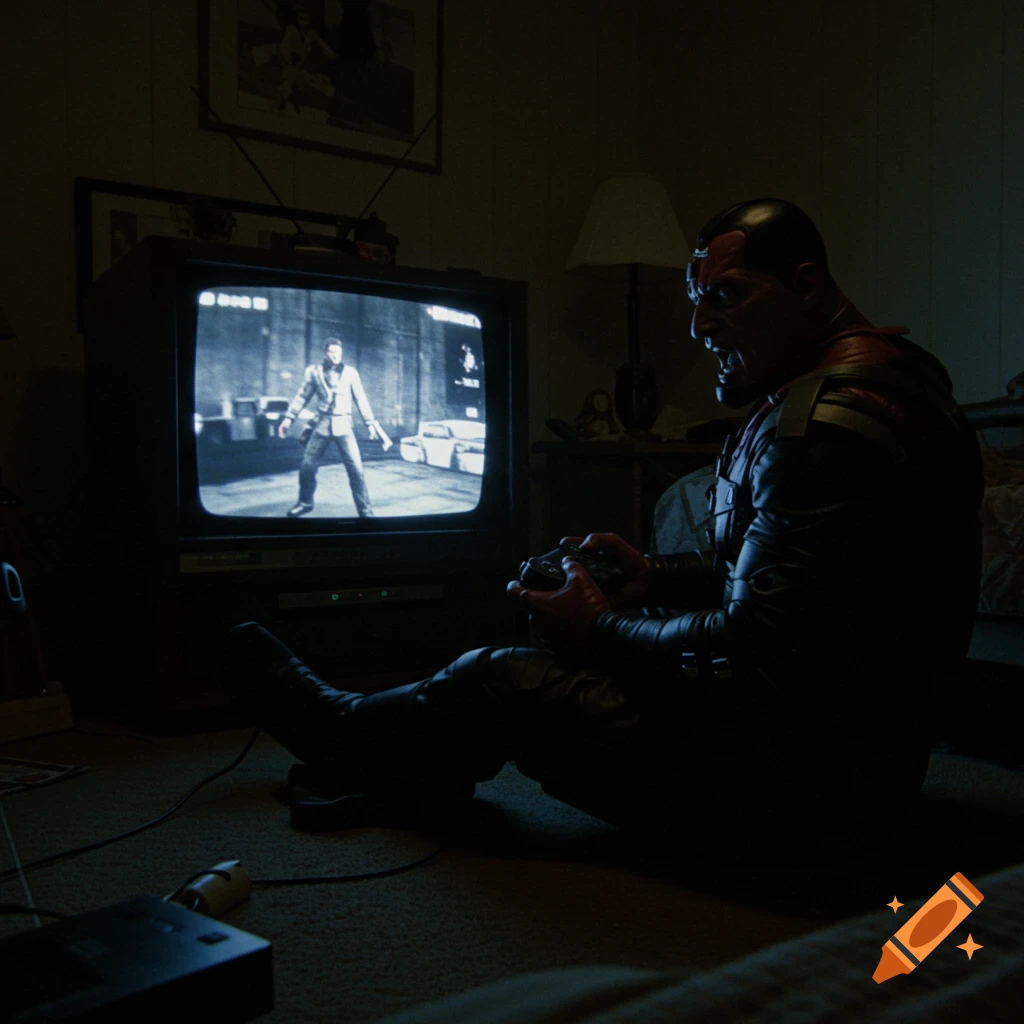 Nemesis from Resident Evil playing a game on a CRT TV in a dimly lit room.