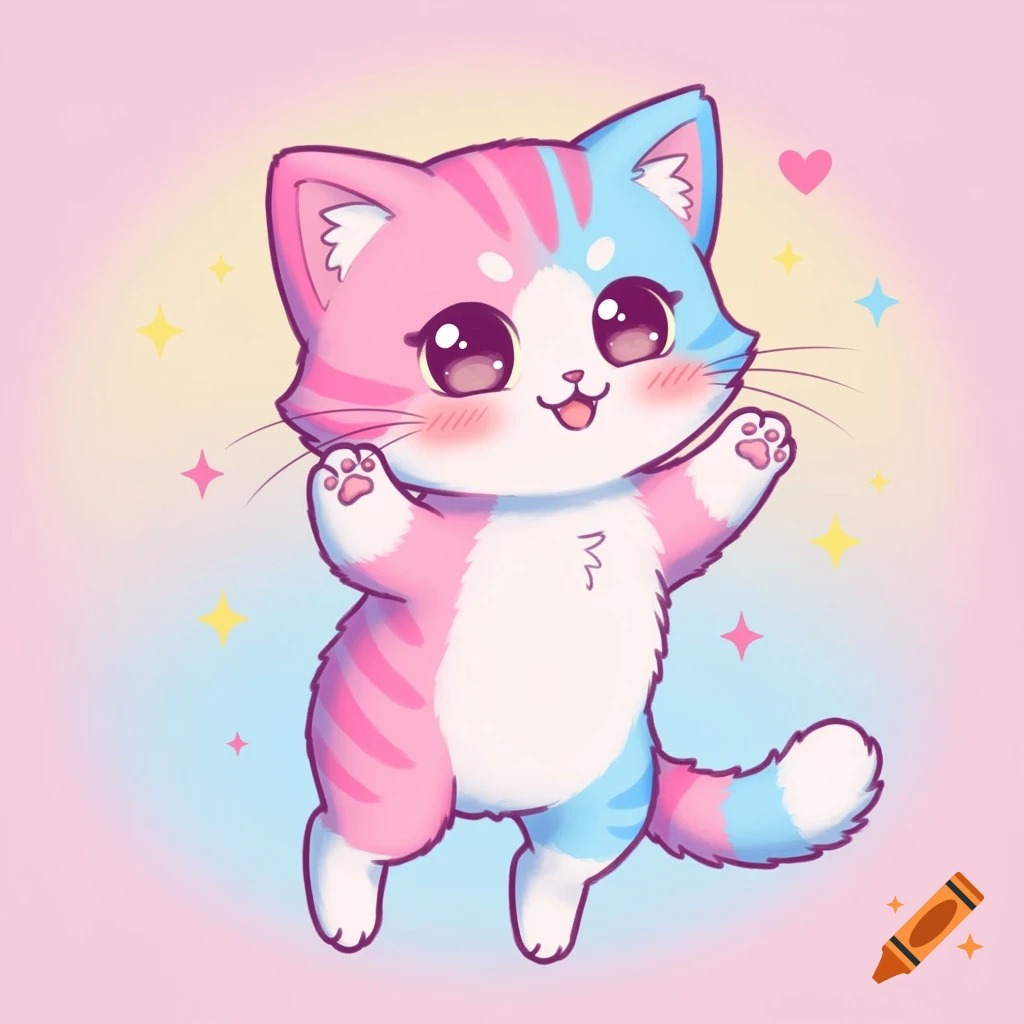 Cute chibi cat in pink and blue with stars