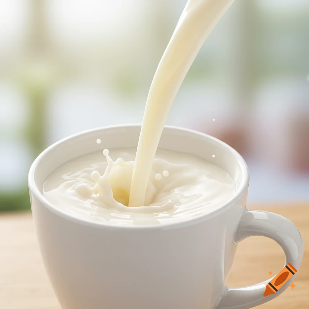 Milk being poured into a white cup, creating a splash.