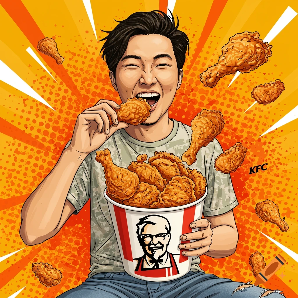 A man eating fried chicken from a KFC bucket, illustration.