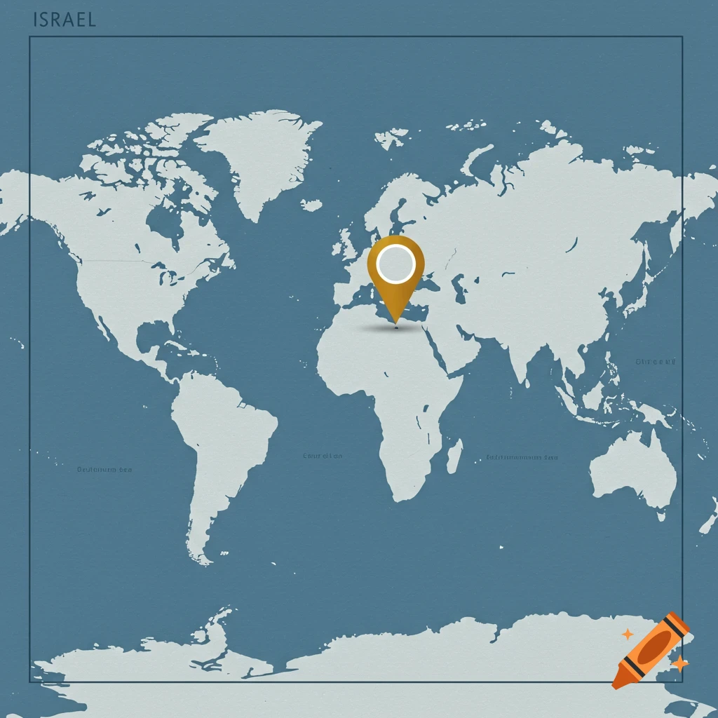 Minimalist world map with a pin marking Israel