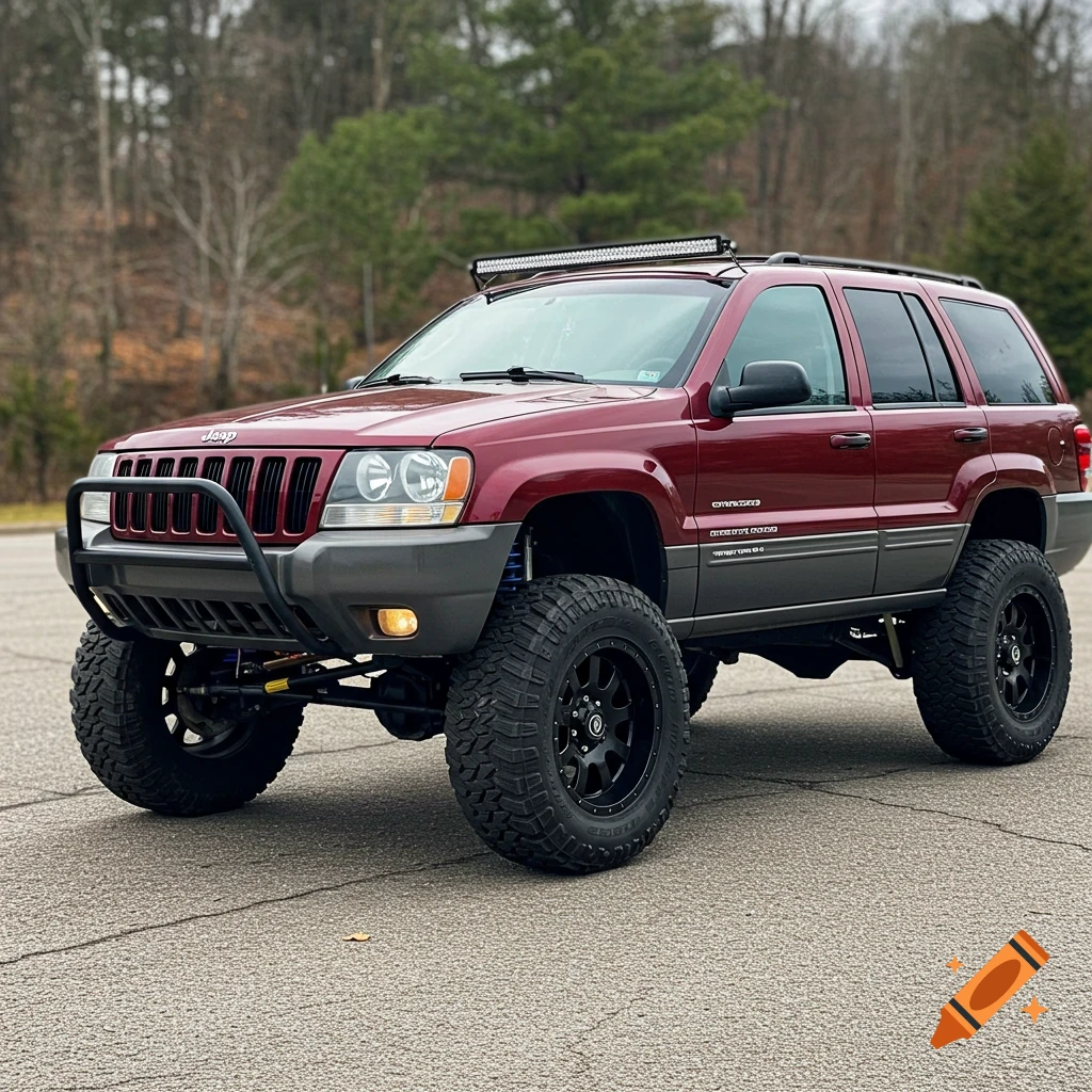 Maroon Jeep Grand Cherokee with lift kit, aggressive tires, light bar, and push bar parked outdoors.