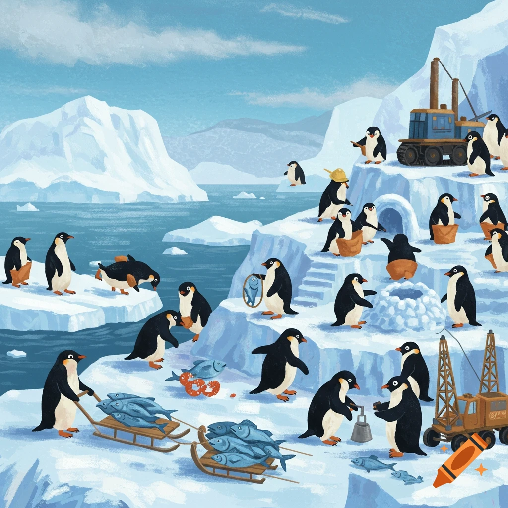 Numerous cartoon penguins working in a snowy landscape with icebergs, carrying fish, pulling sleds, and operating cranes.