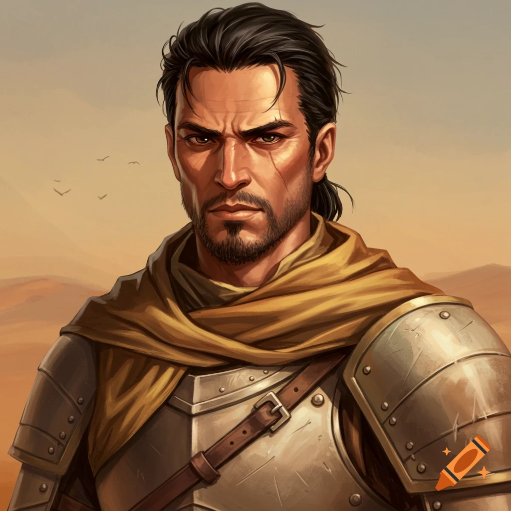 A man in armor with a scarf in a desert