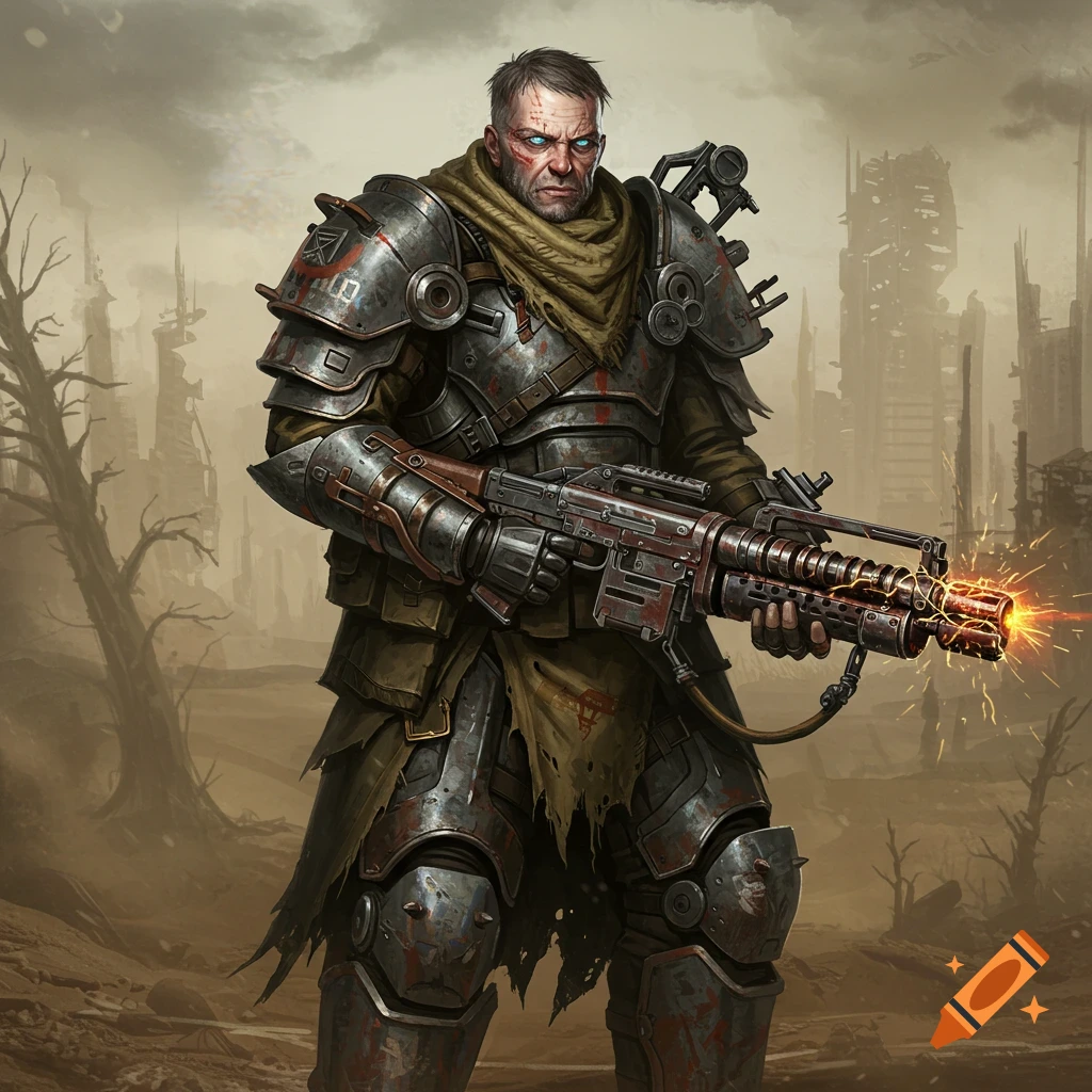 A heavily armored warrior standing in a wasteland with ruins in the background.