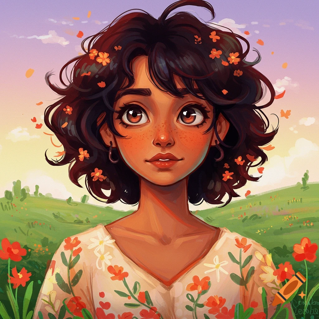 Portrait of a person with curly hair and freckles, wearing a floral shirt in a field of flowers.