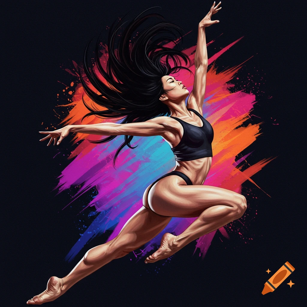 A female dancer leaps against colorful paint strokes.