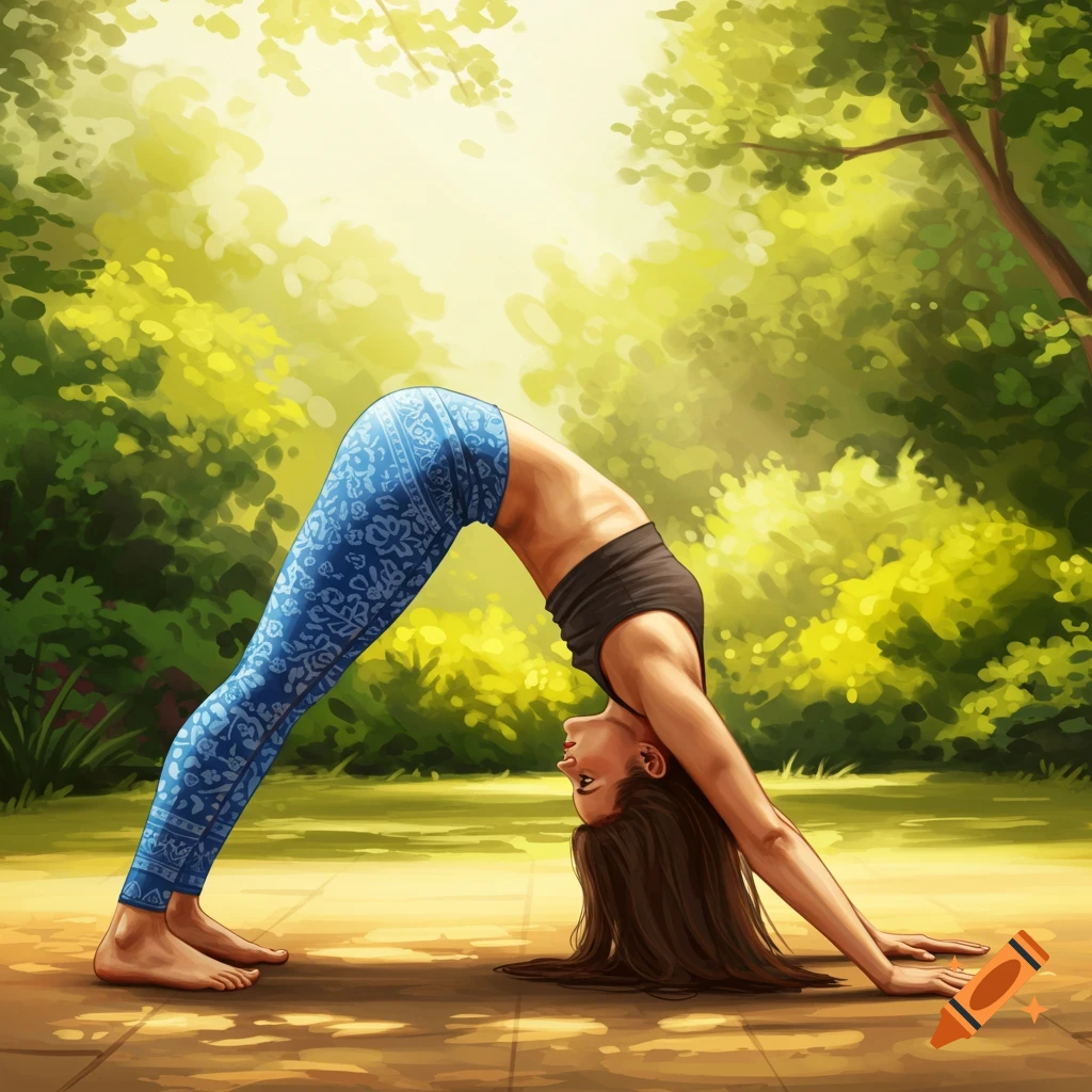 A woman doing downward dog yoga pose in a park.