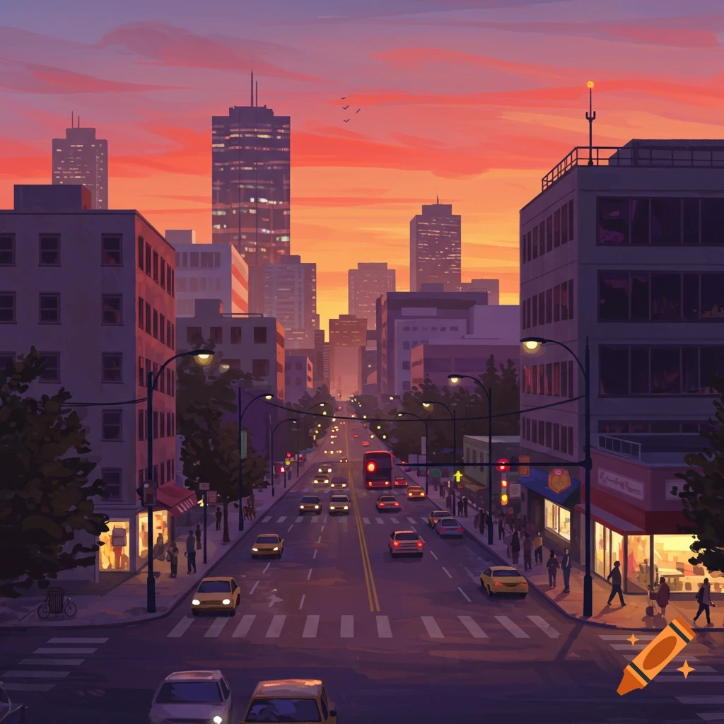 A busy city street at sunset with cars and pedestrians.
