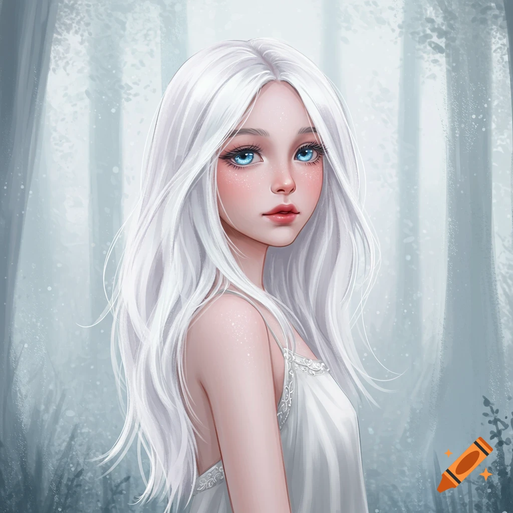 A girl with white hair and blue eyes in a forest setting.