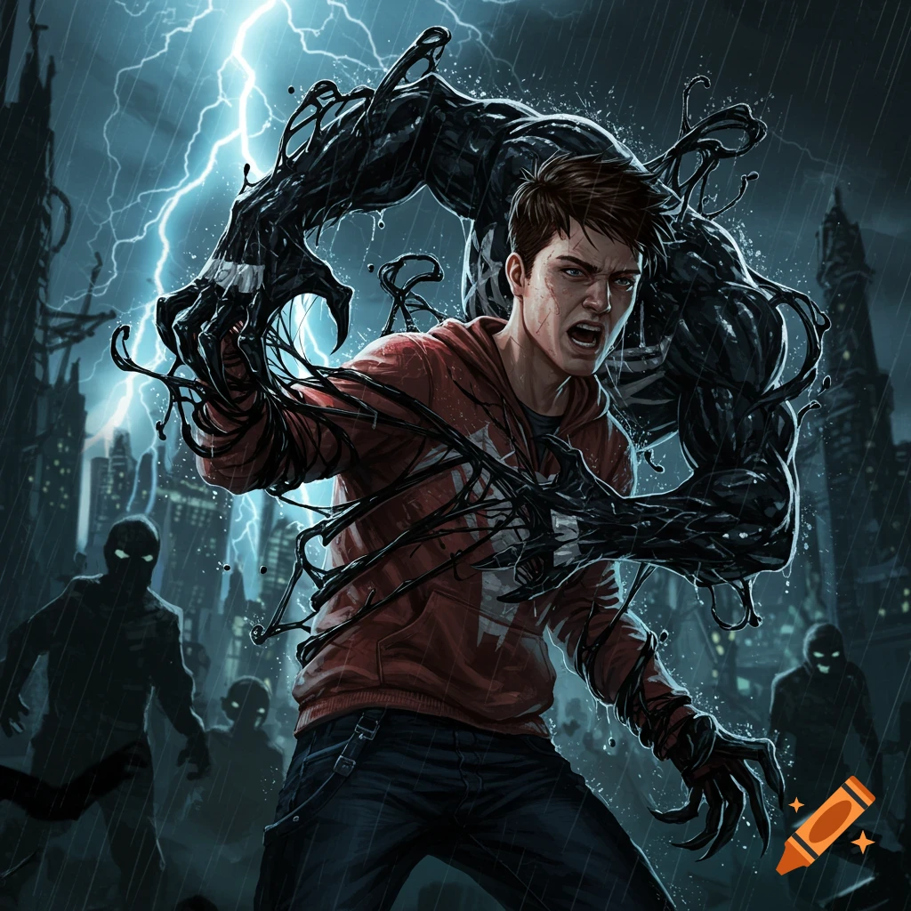 A young man bonding with the black Venom symbiote during a thunderstorm in a city.