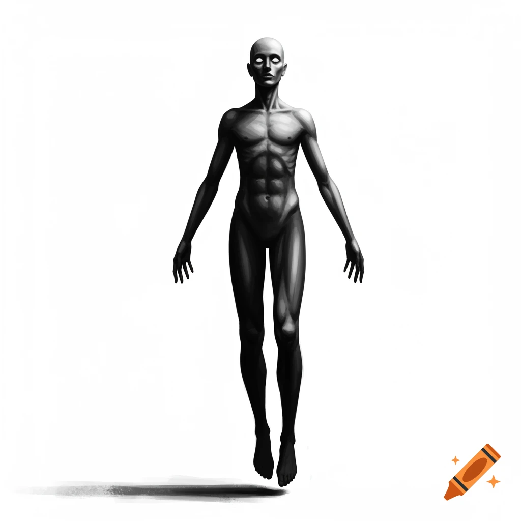 A minimalist black and white painting of a floating androgynous figure.