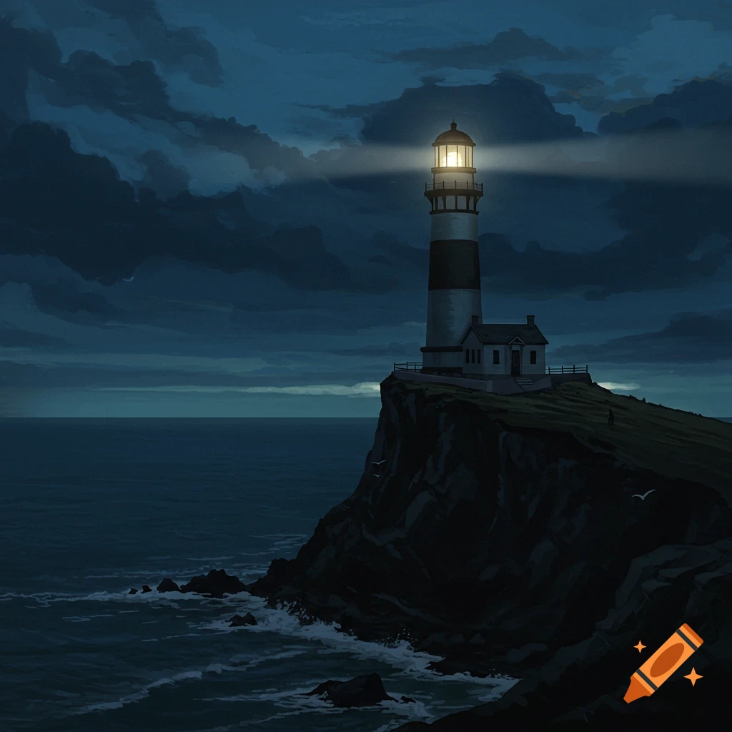 A lighthouse stands on a cliff overlooking the ocean at night.