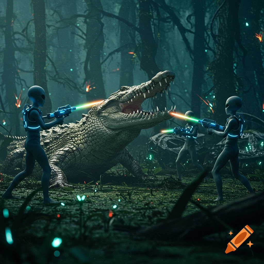 Aliens battle a giant crocodile with energy weapons in a dark, atmospheric forest swamp.