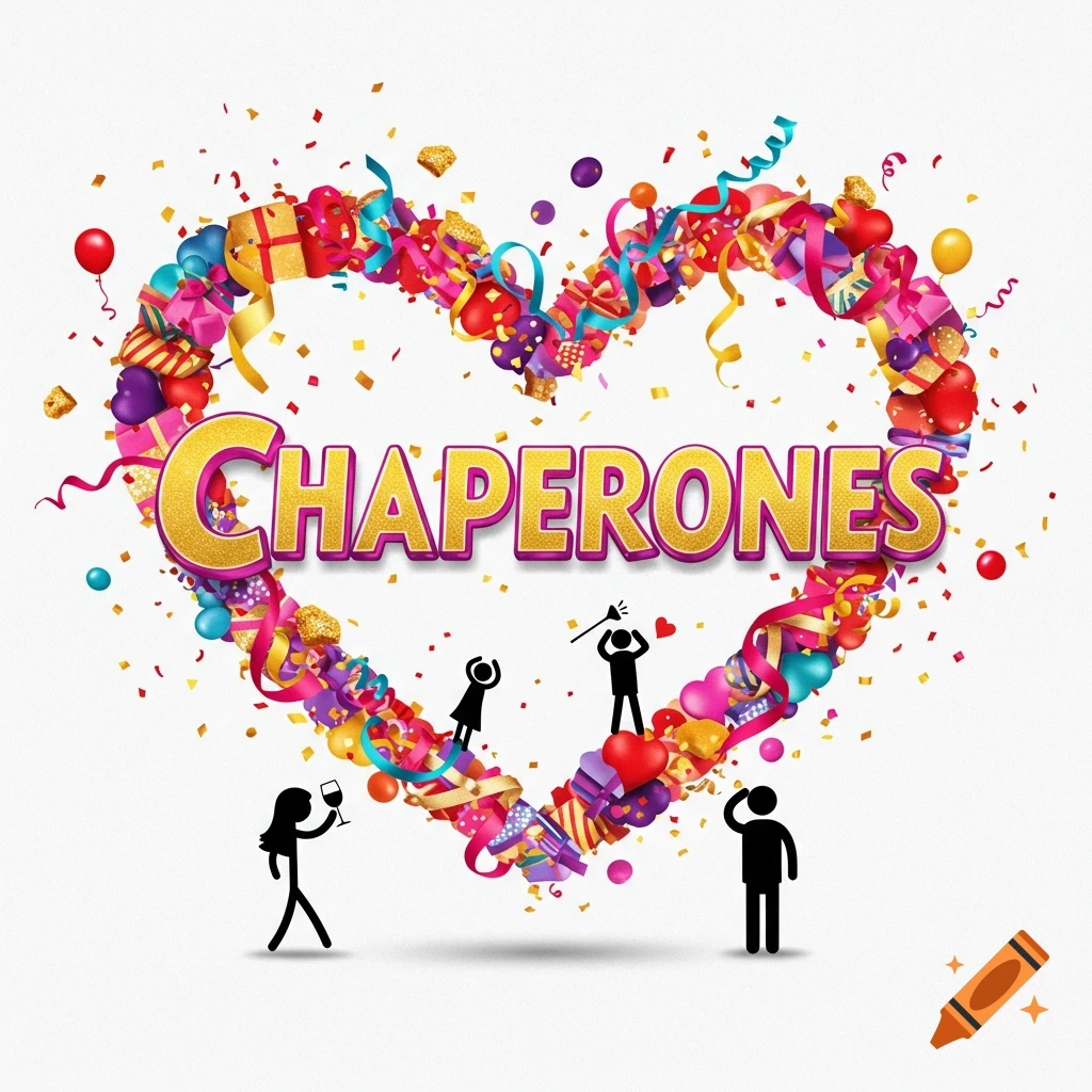 Logo for a dating TV show with the text CHAPERONES inside a heart of gifts and confetti, with stick figures.