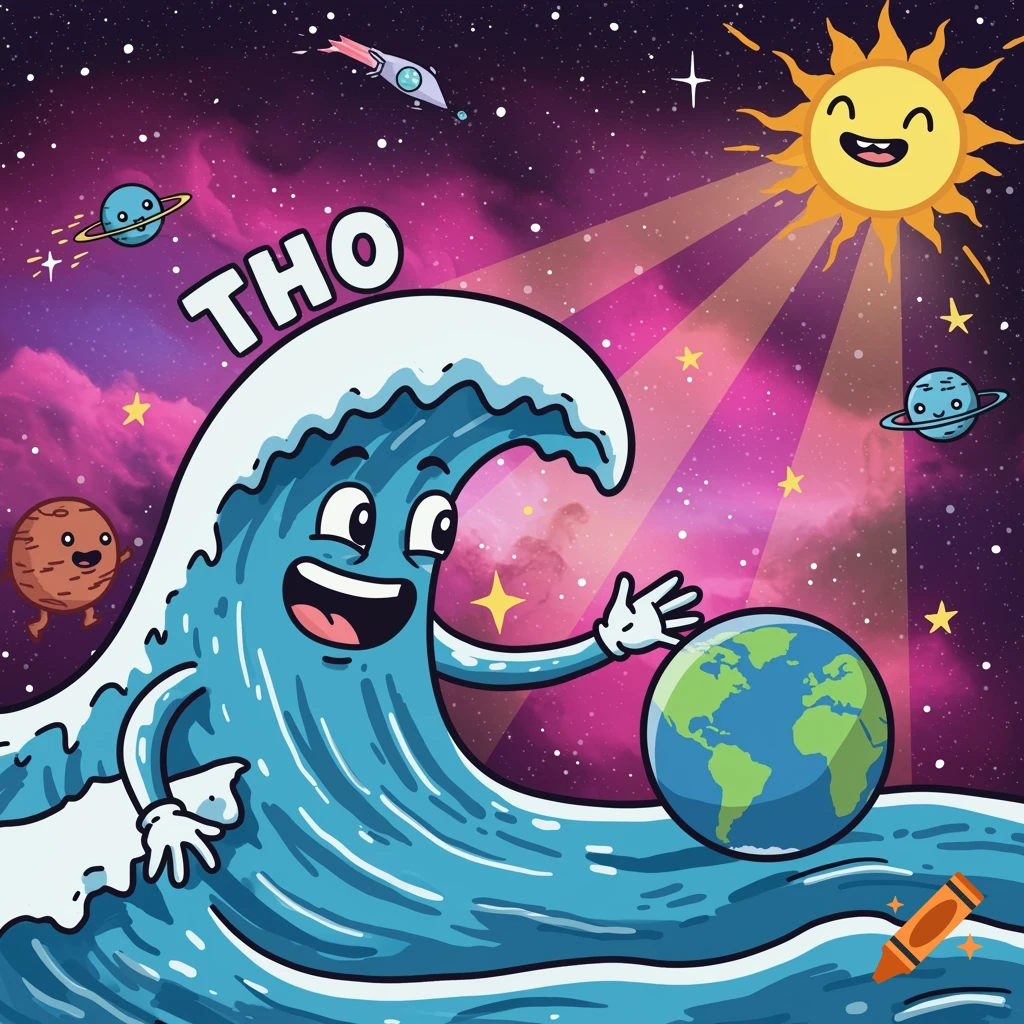 Cartoon wave character holds Earth in space surrounded by smiling planets, sun, and nebulae.