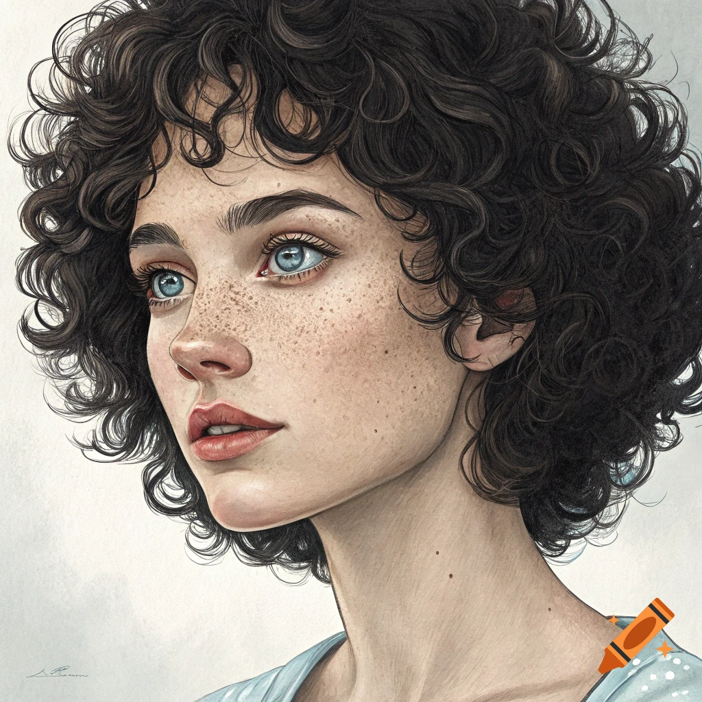 Close-up fantasy art portrait of a young woman with curly hair and freckles.