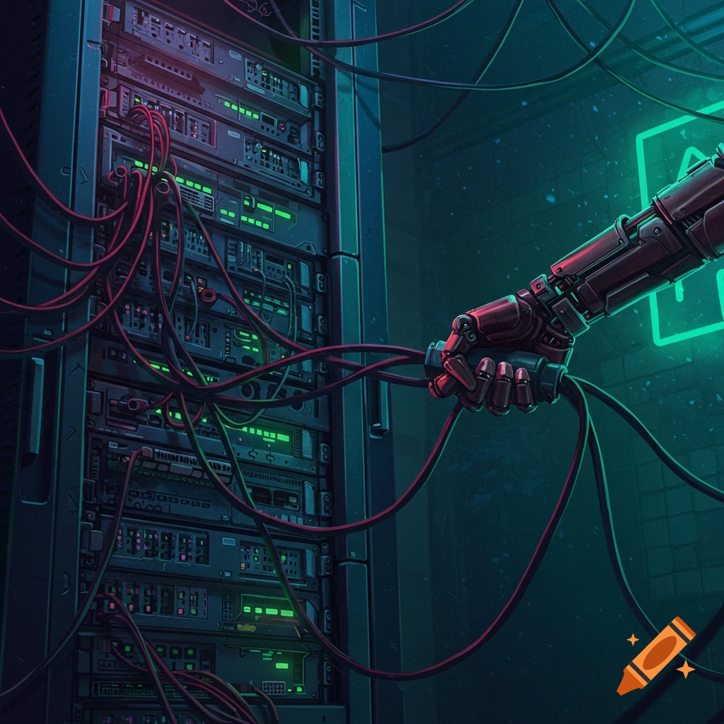 A robot hand connects wires to a server rack with tangled cables in a dark room.