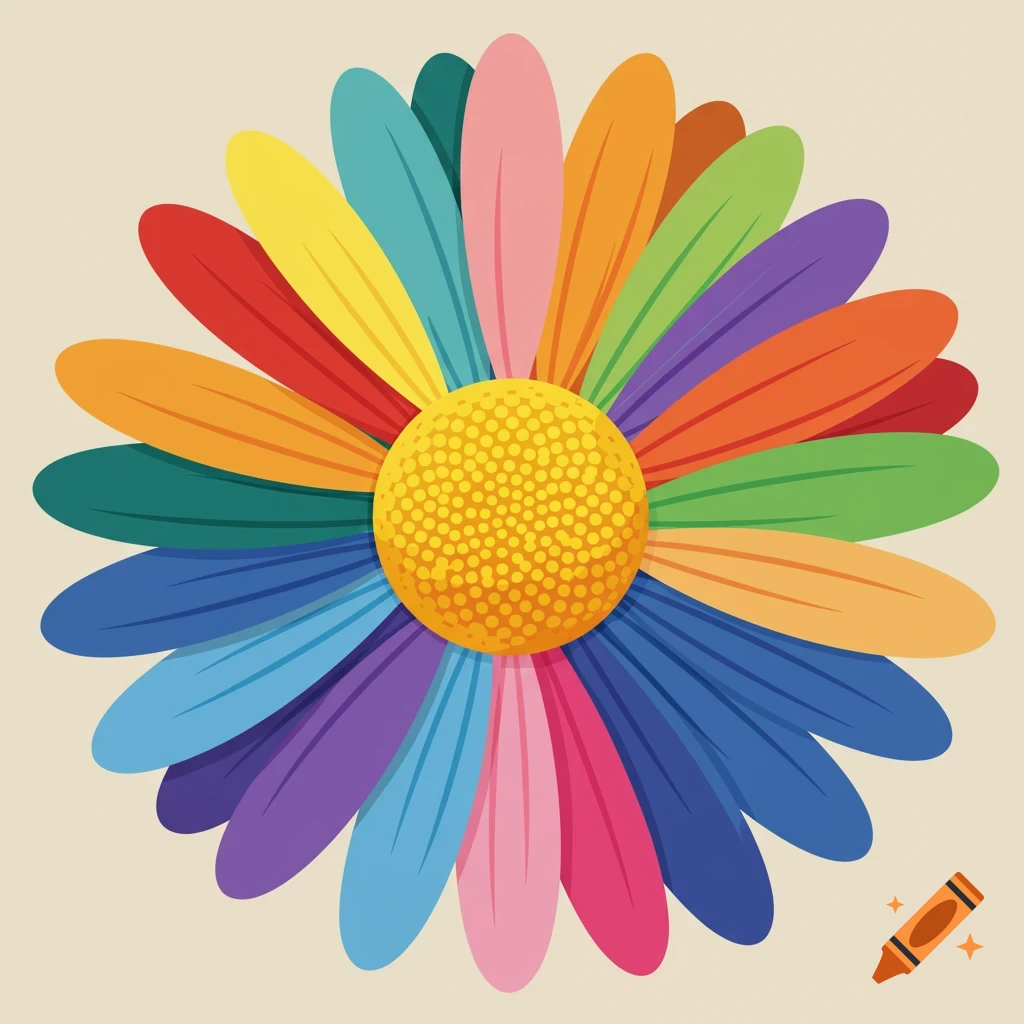 A vector graphic of a daisy with a yellow center and multicolored petals against a light background.