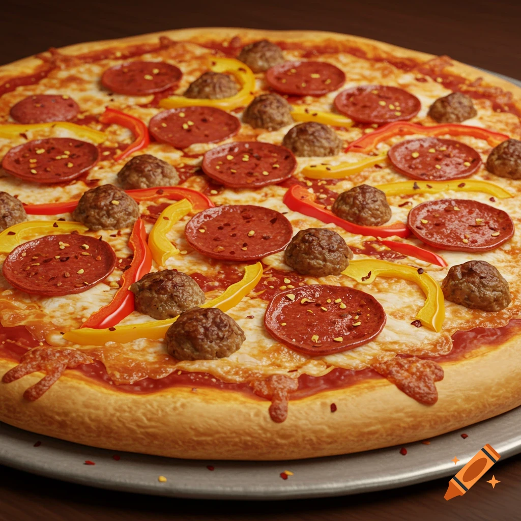 A photorealistic close-up of a pizza with pepperoni, meatballs, red and yellow peppers