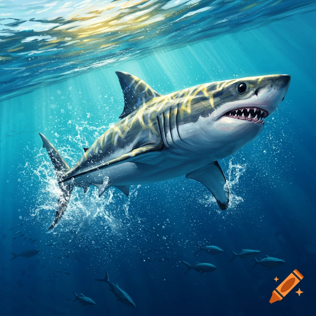 A shark swims underwater with sunbeams filtering through the surface.