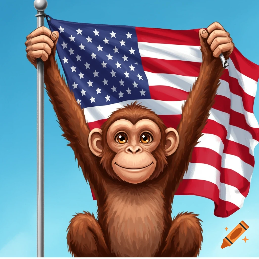 A cartoon monkey holds up a large American flag against a blue sky.