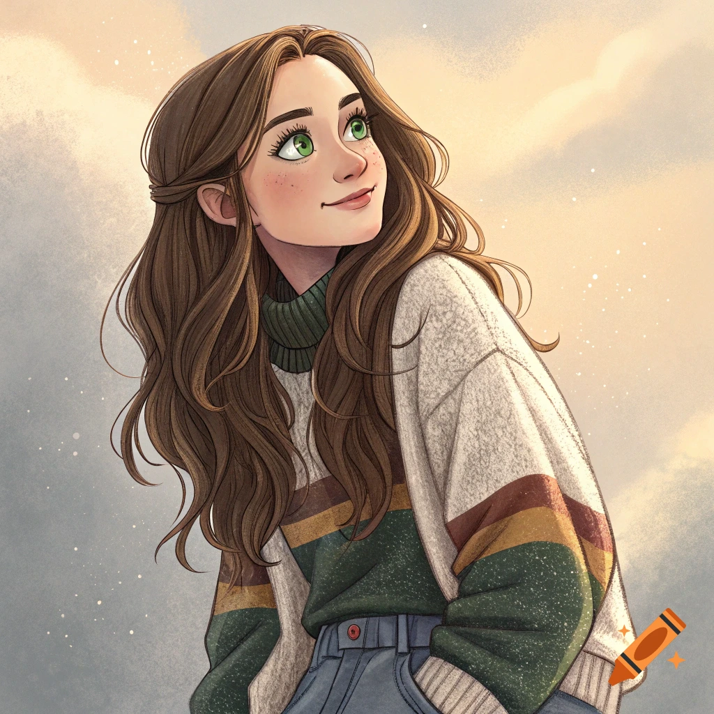 Stylized illustration of a young woman with brown hair and green eyes, wearing a striped sweater, looking up.