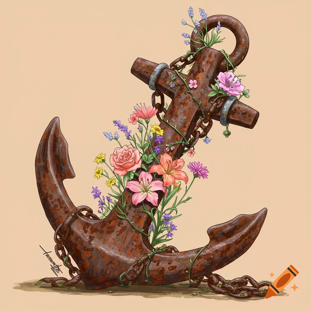 A rusty anchor is covered in colourful flowers and vines.