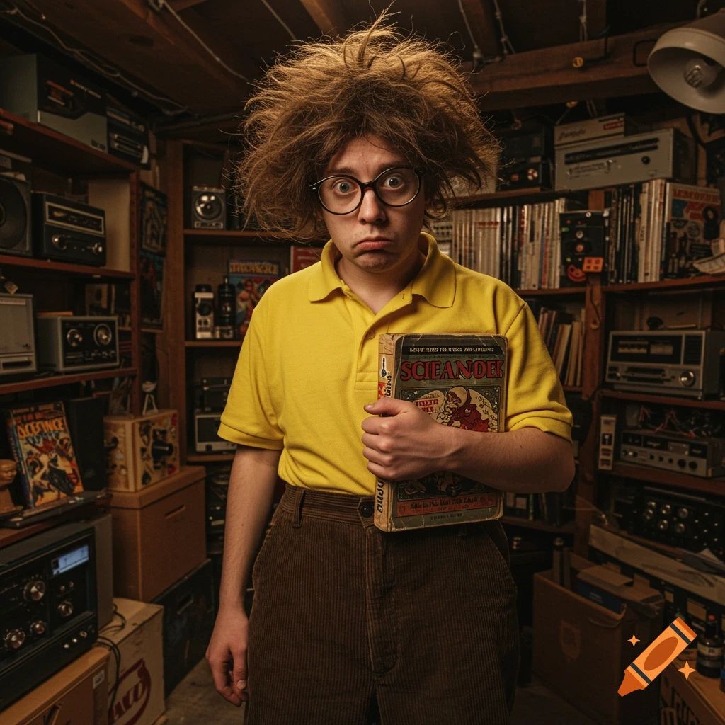 A quirky person with wild hair and glasses holds a book in a cluttered room filled with vintage electronics and books.
