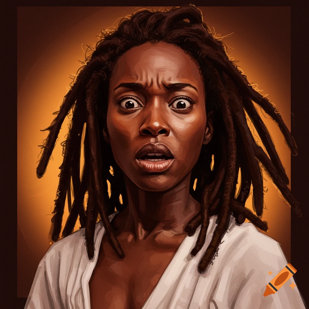 Portrait of a Black woman with dreadlocks looking surprised.