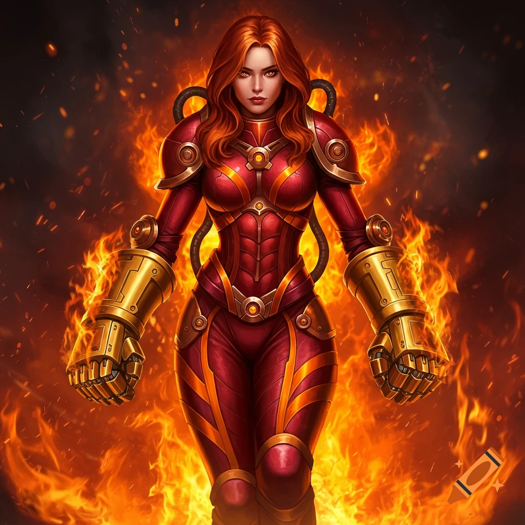 A woman in crimson and gold armor standing in fire.