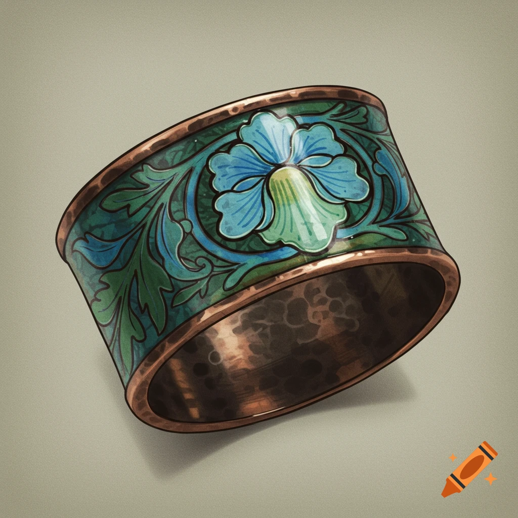 A copper cuff bracelet with a blue and green enamel floral pattern in Arts and Crafts style.