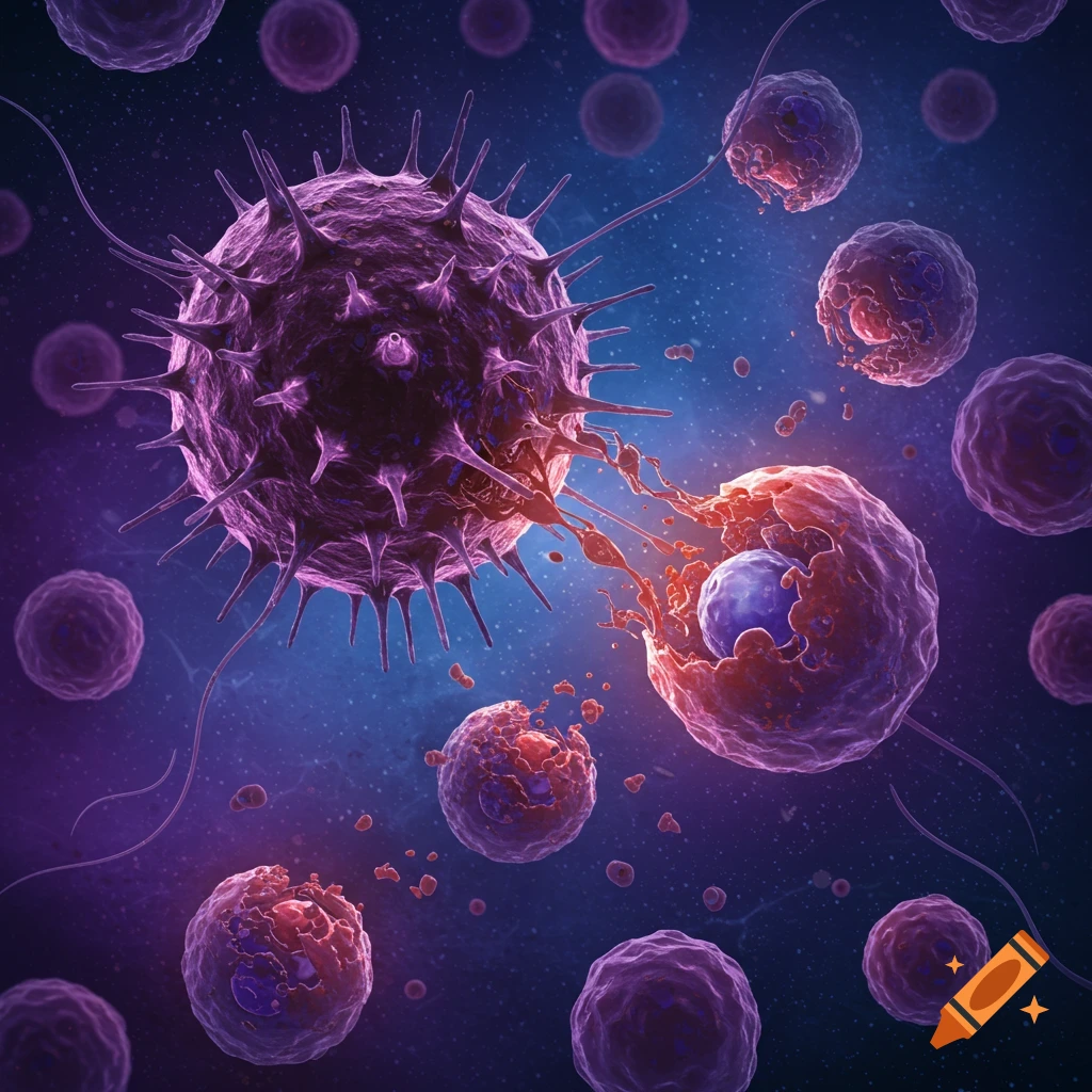 A spiky cell attacking smaller cells, depicting apoptosis.