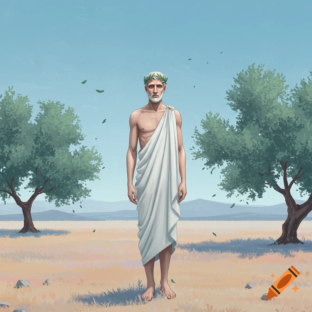 A man in a white toga standing in a dry landscape with olive trees.