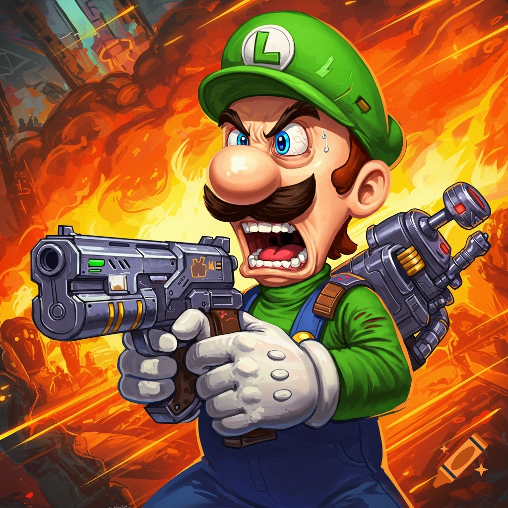 Angry Luigi holding a sci-fi gun against a fiery background.