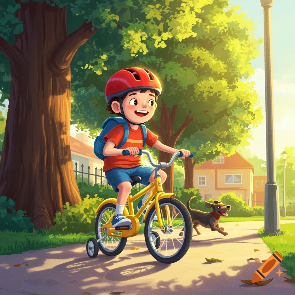 Cartoon illustration of a boy in a red helmet riding a yellow bike with training wheels down a sunny sidewalk, a dog running behind him.