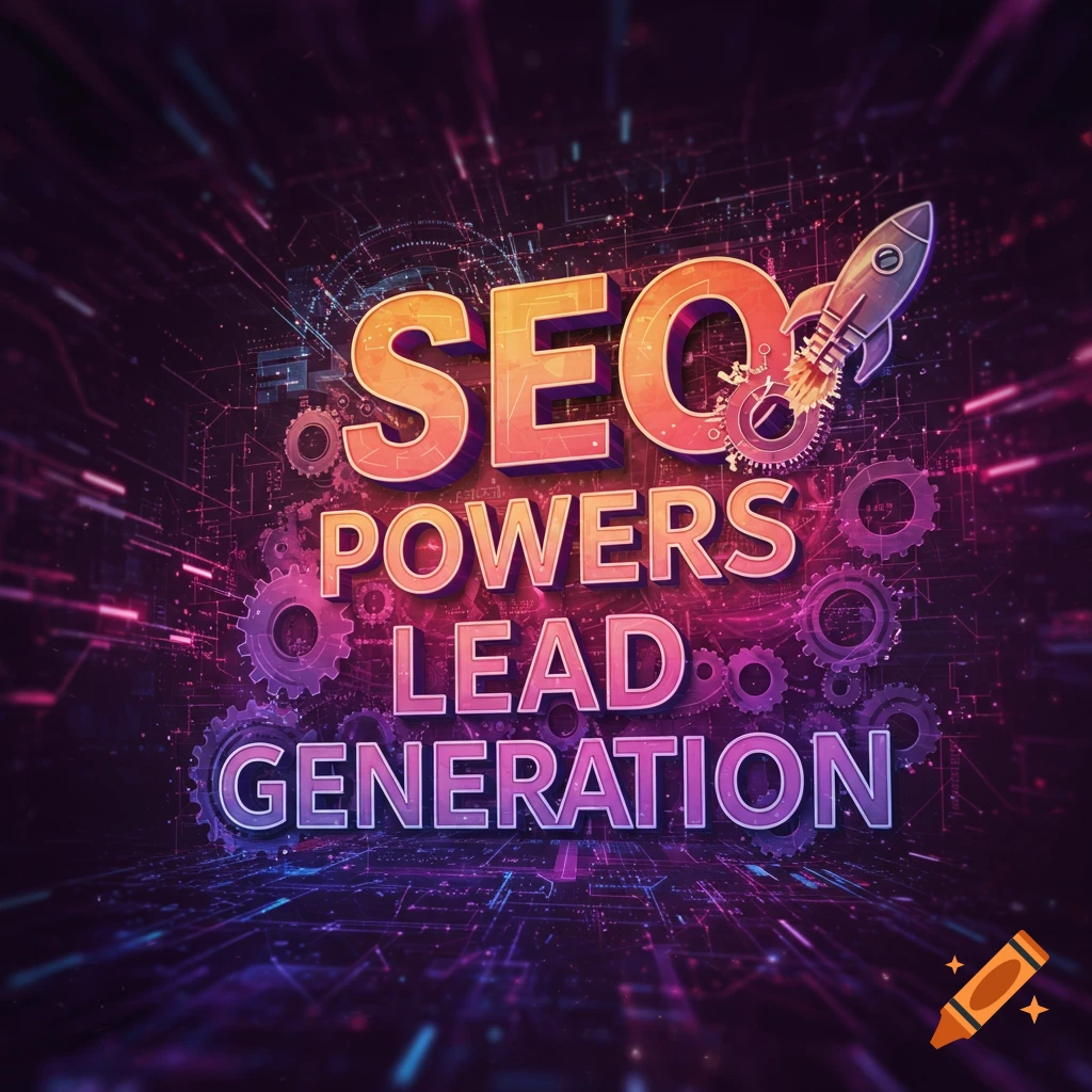 3D text 'SEO POWERS LEAD GENERATION' with gears, rocket, and tech background