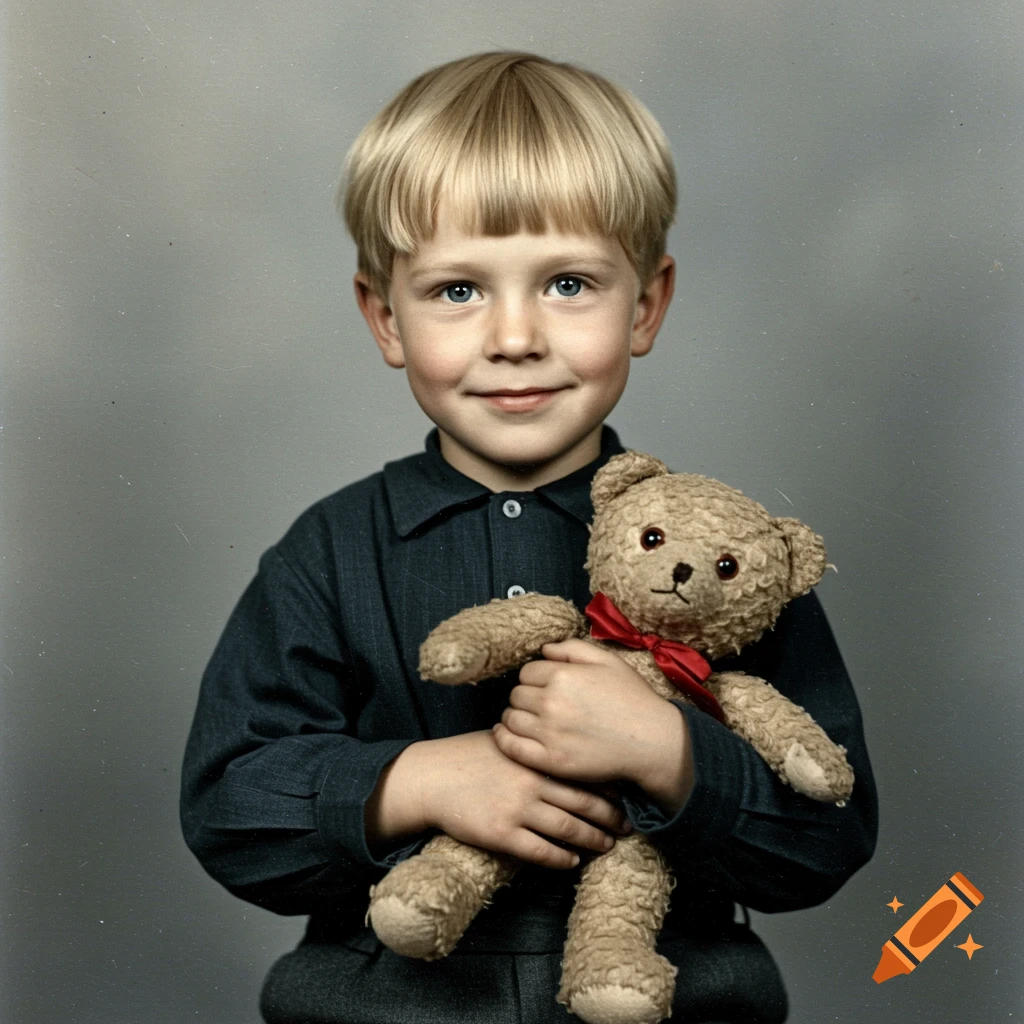 Vintage portrait of a young boy with blonde hair and blue eyes holding a teddy bear.