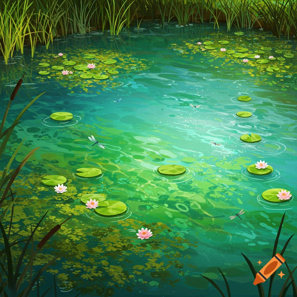 A pond with lily pads, pink lotus flowers, reeds, and dragonflies.