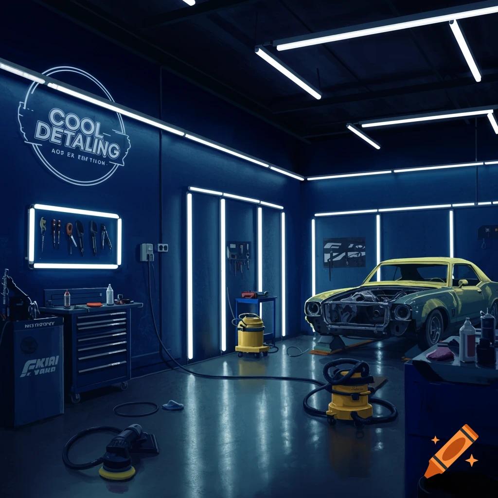 A car detailing garage with tools and a car being worked on.