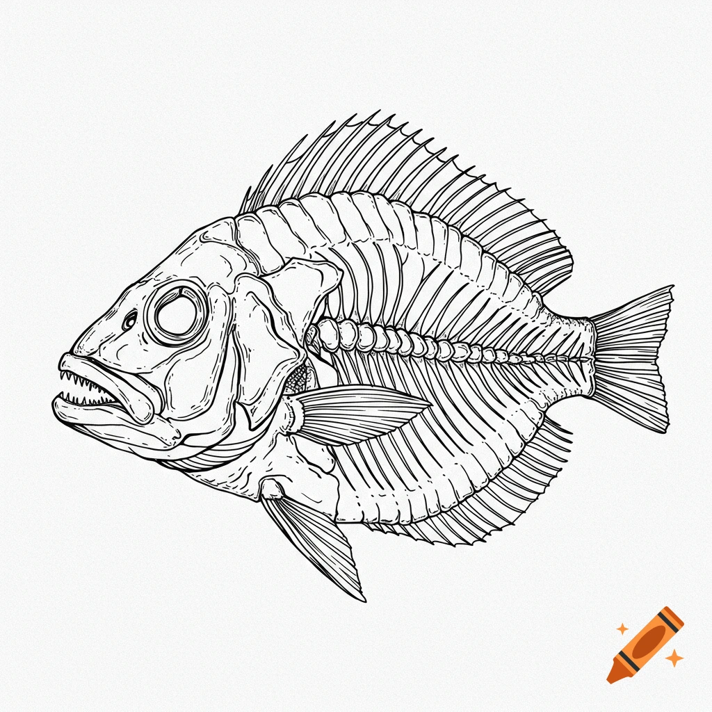 Line drawing of a fish skeleton.