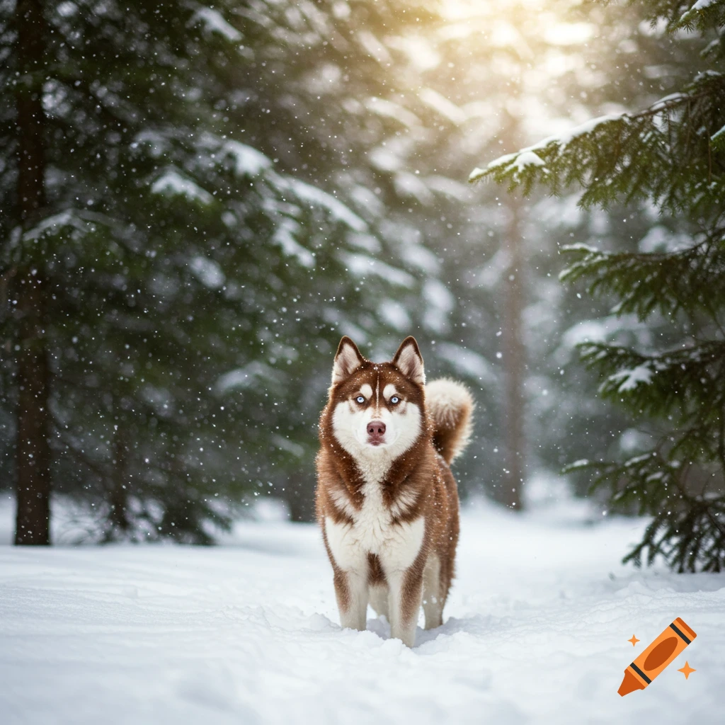 A brown and white husky with bright blue eyes stands in a snowy forest during a snowfall.