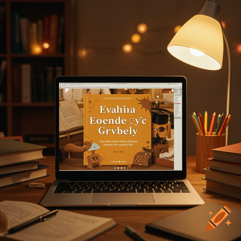 Laptop on a desk in a warm study environment, displaying an ebook cover, surrounded by books, pens, and a lamp.