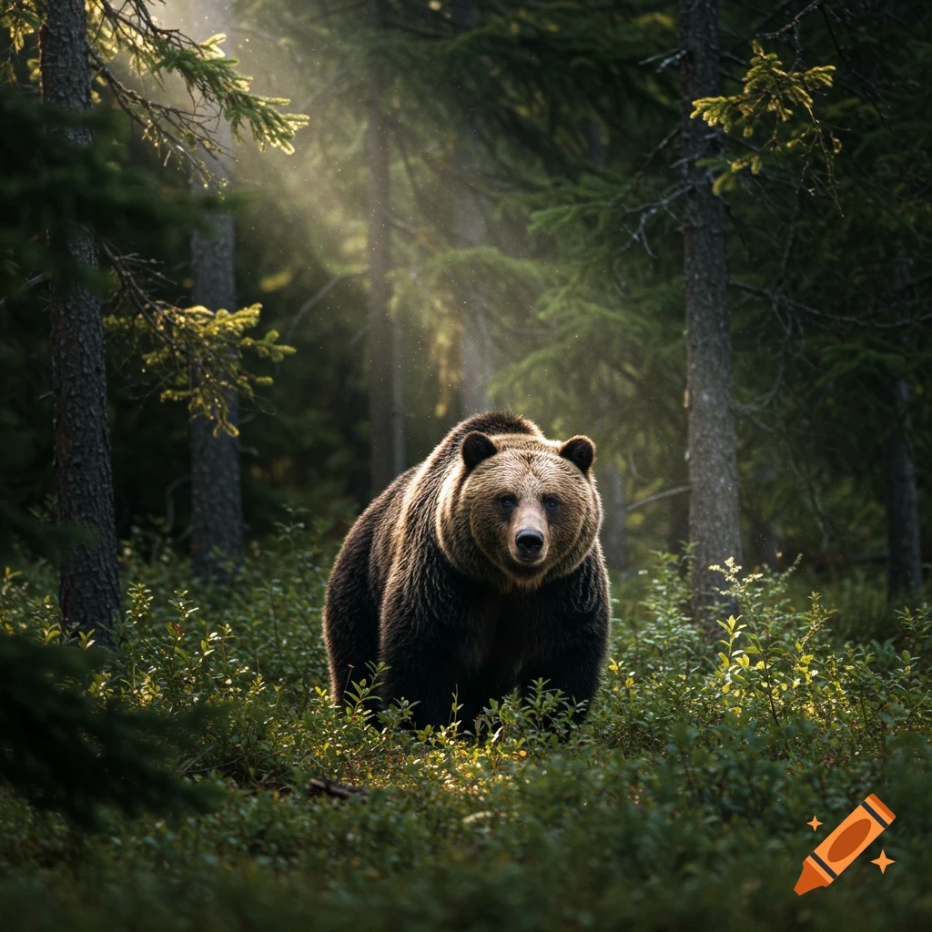 Brown bear stands in a forest with sun rays filtering through trees.